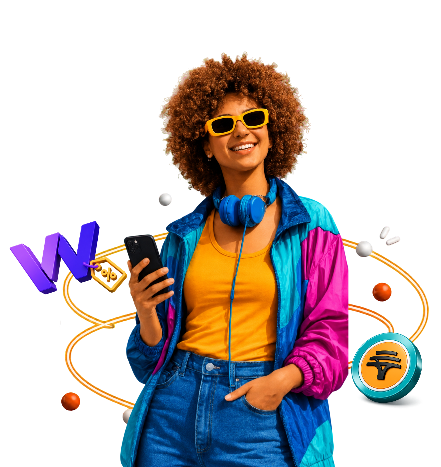 Young woman smiling holding a phone with floating 3D shopping icons