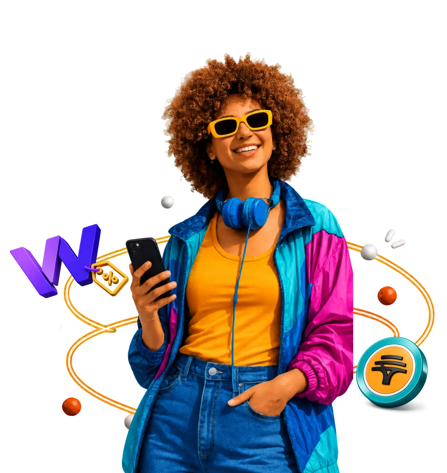 Young woman smiling holding a phone with floating 3D shopping icons